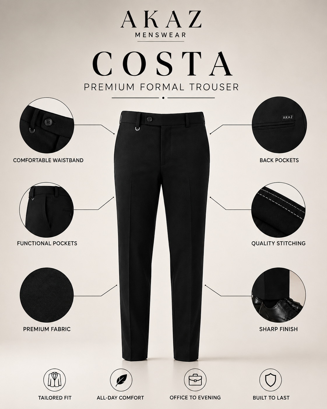 AKAZ COSTA Men's Black Premium Formal Trousers | Tailored Fit Formal Pants