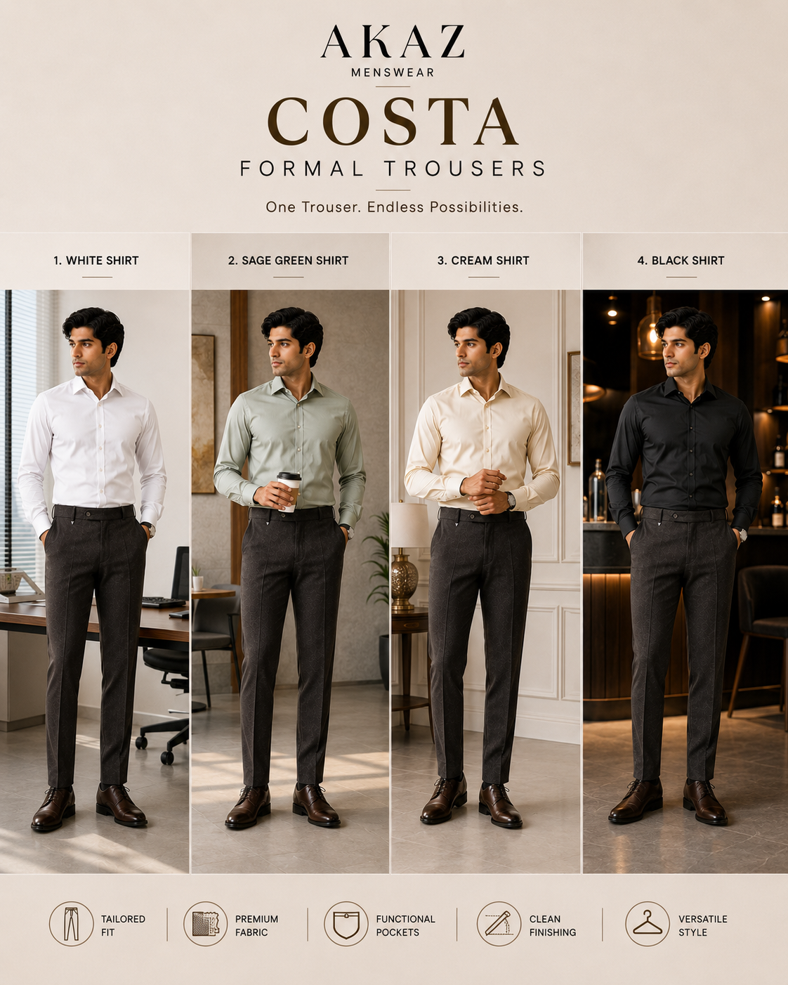 AKAZ COSTA Men's Coffee Brown Trousers | Premium Dress Pants for Modern Men