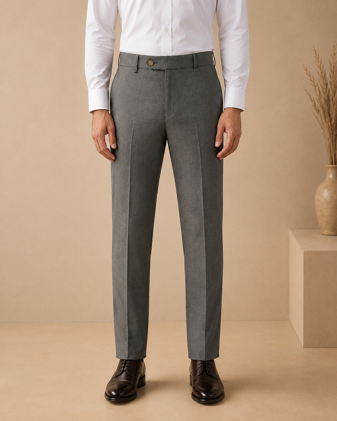 AKAZ COSTA Men's Grey Formal Trousers | Tailored Fit Dress Pants for Office & Business
