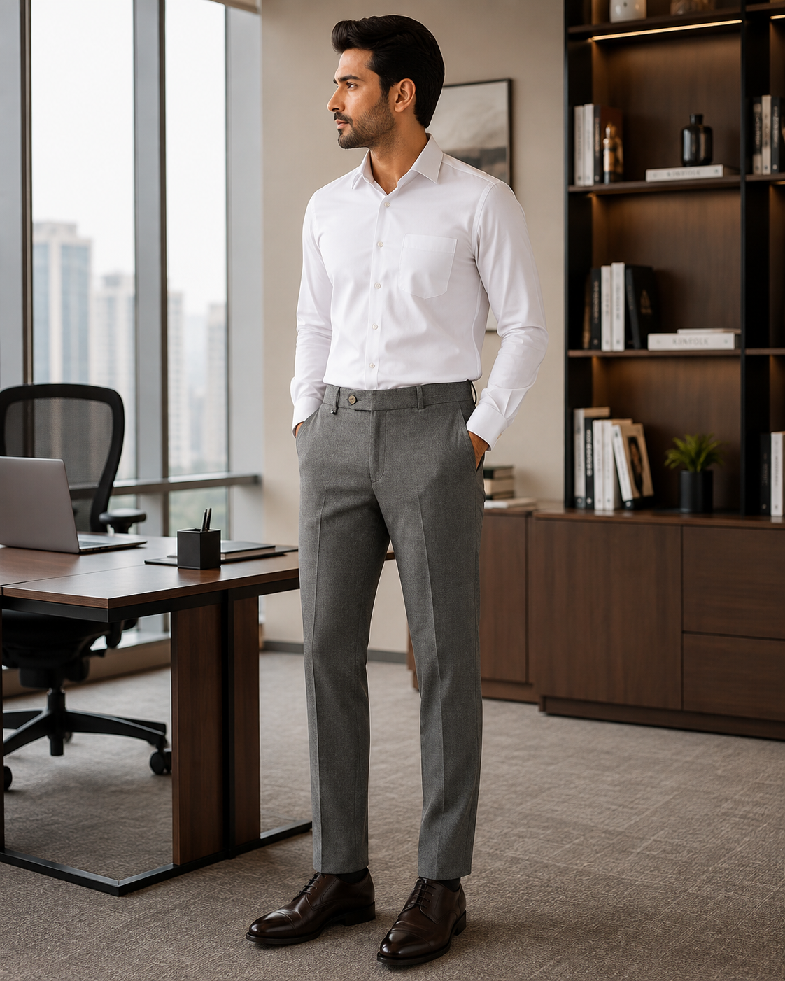 AKAZ COSTA Men's Grey Formal Trousers | Tailored Fit Dress Pants for Office & Business