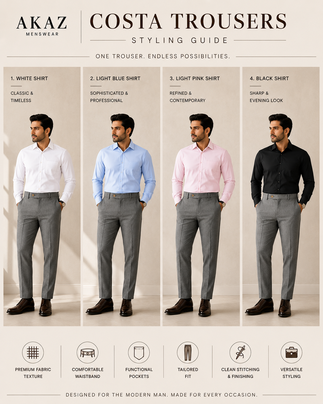 AKAZ COSTA Men's Grey Formal Trousers | Tailored Fit Dress Pants for Office & Business