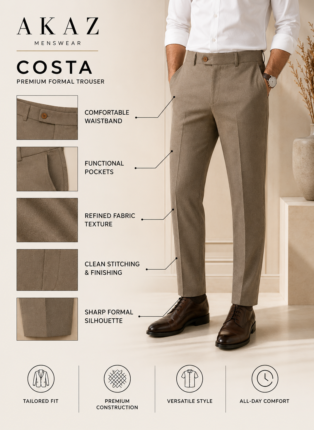 AKAZ COSTA Men's Khaki Trousers | Premium Smart Casual & Formal Pants for Men