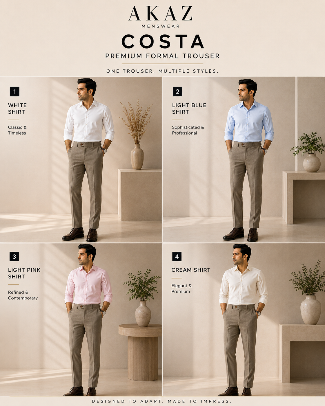 AKAZ COSTA Men's Khaki Trousers | Premium Smart Casual & Formal Pants for Men