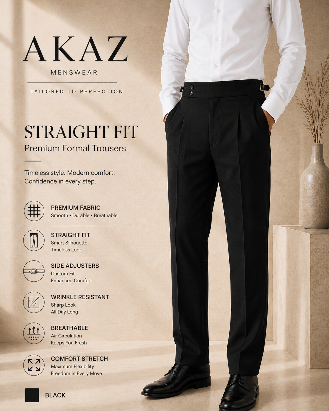 AKAZ Gurkha Straight Fit Men's Trousers | Premium Formal Pants