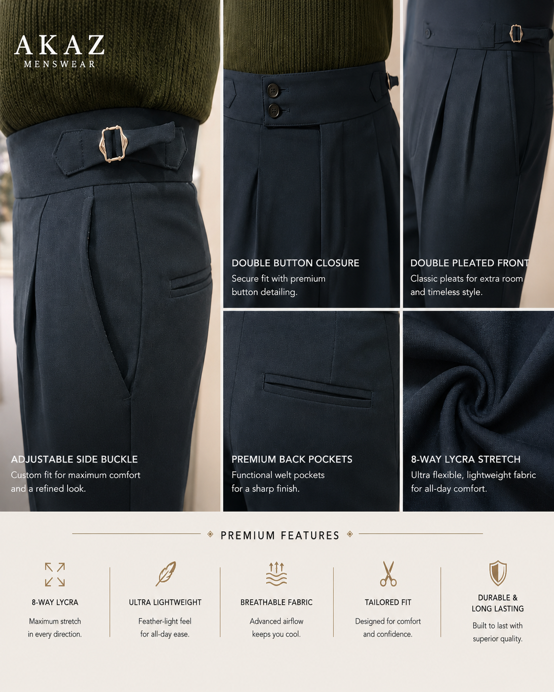 AKAZ Gurkha Straight Fit Men's Trousers | Premium Formal Pants