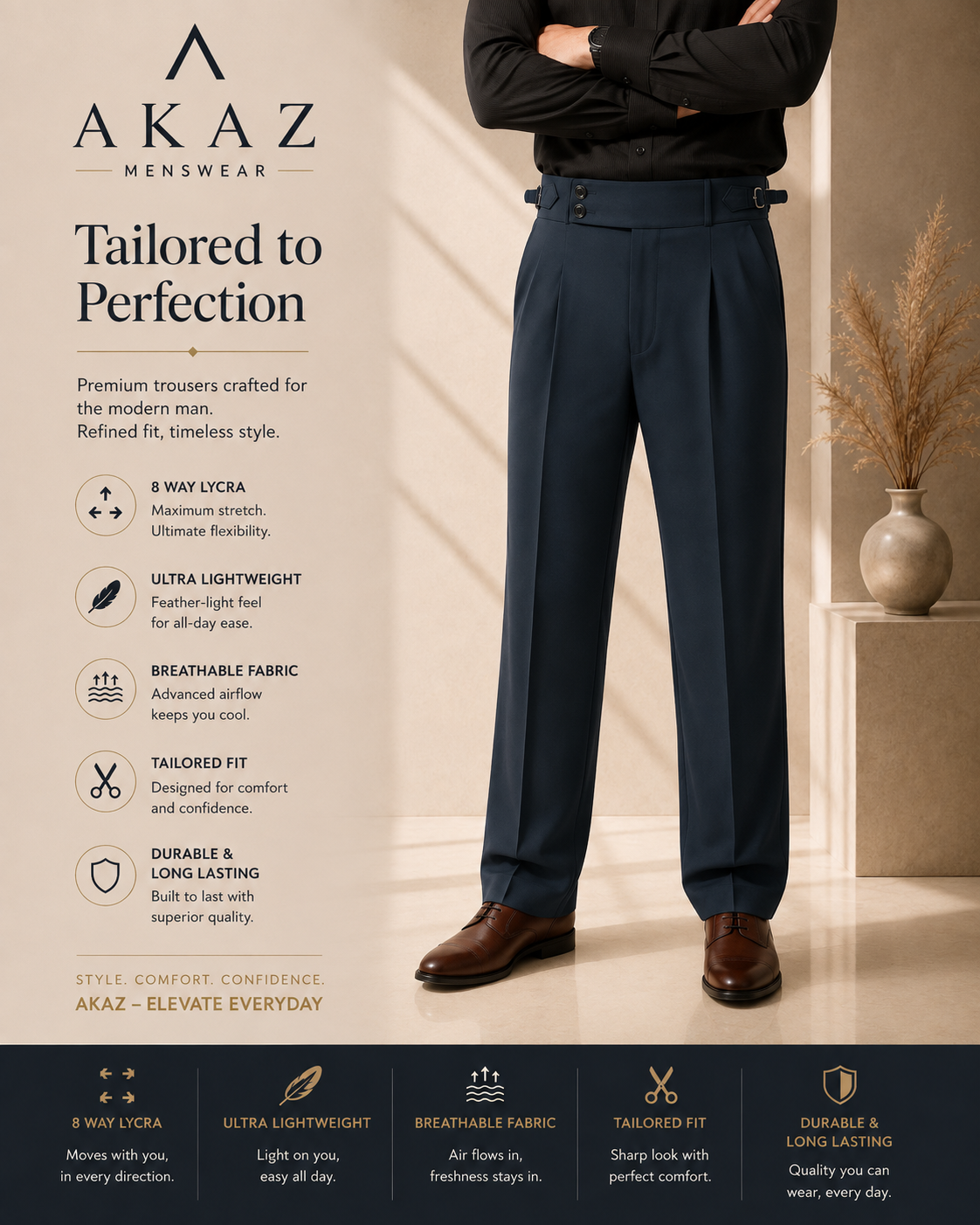 AKAZ Gurkha Straight Fit Men's Trousers | Premium Formal Pants