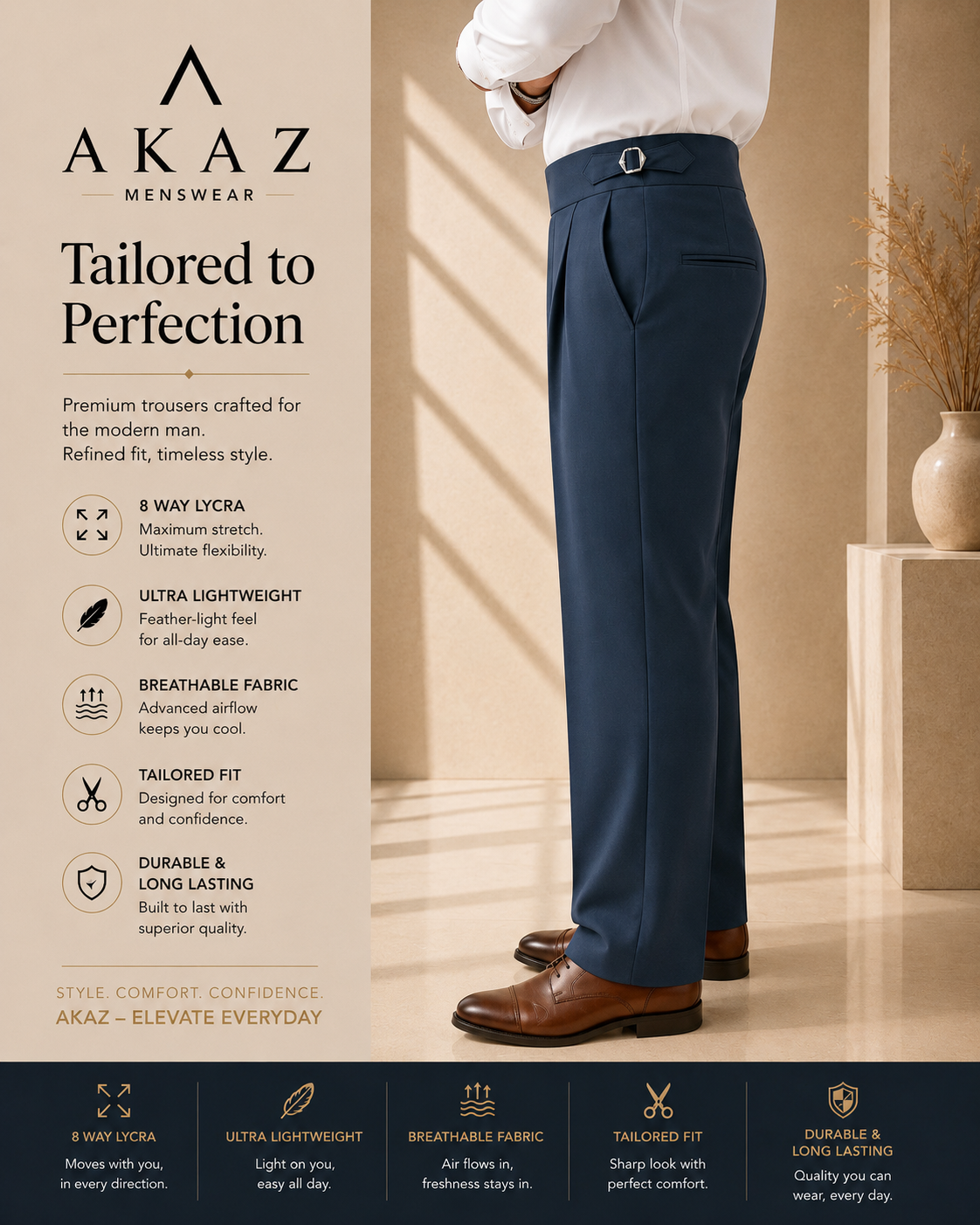 AKAZ Gurkha Straight Fit Men's Trousers | Premium Formal Pants