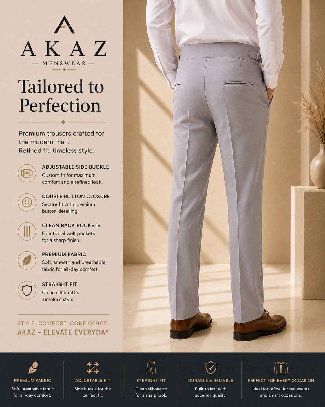 AKAZ Gurkha Straight Fit Men's Trousers | Premium Formal Pants