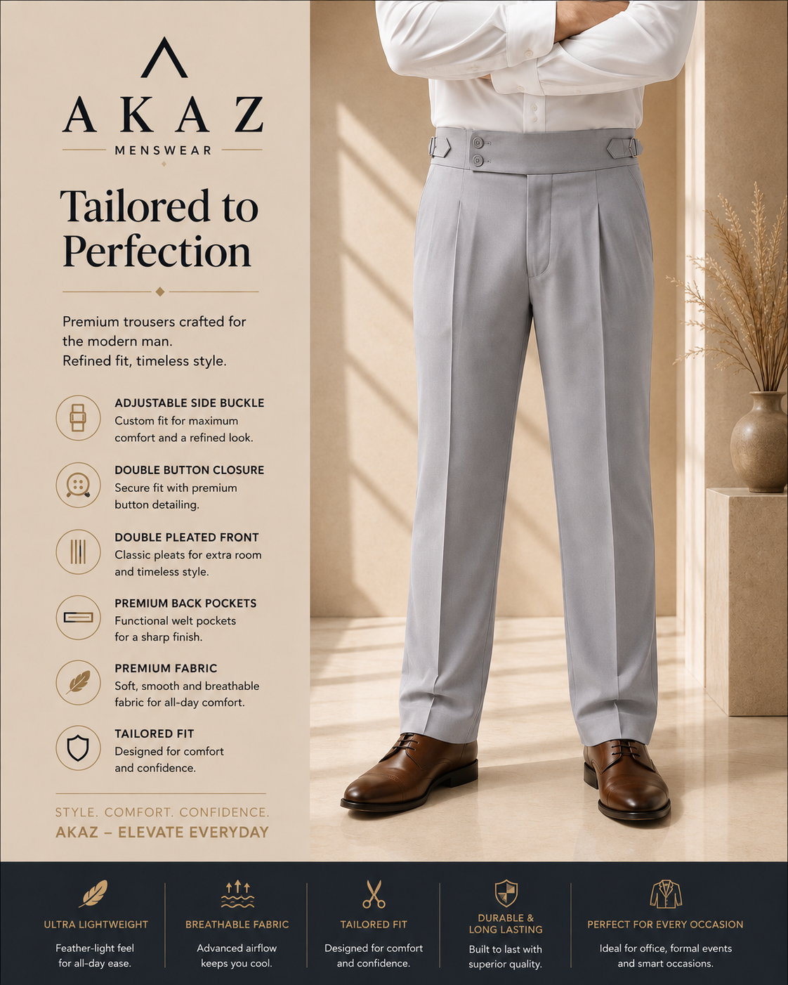AKAZ Gurkha Straight Fit Men's Trousers | Premium Formal Pants