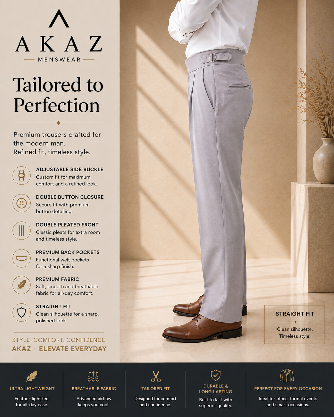 AKAZ Gurkha Straight Fit Men's Trousers | Premium Formal Pants