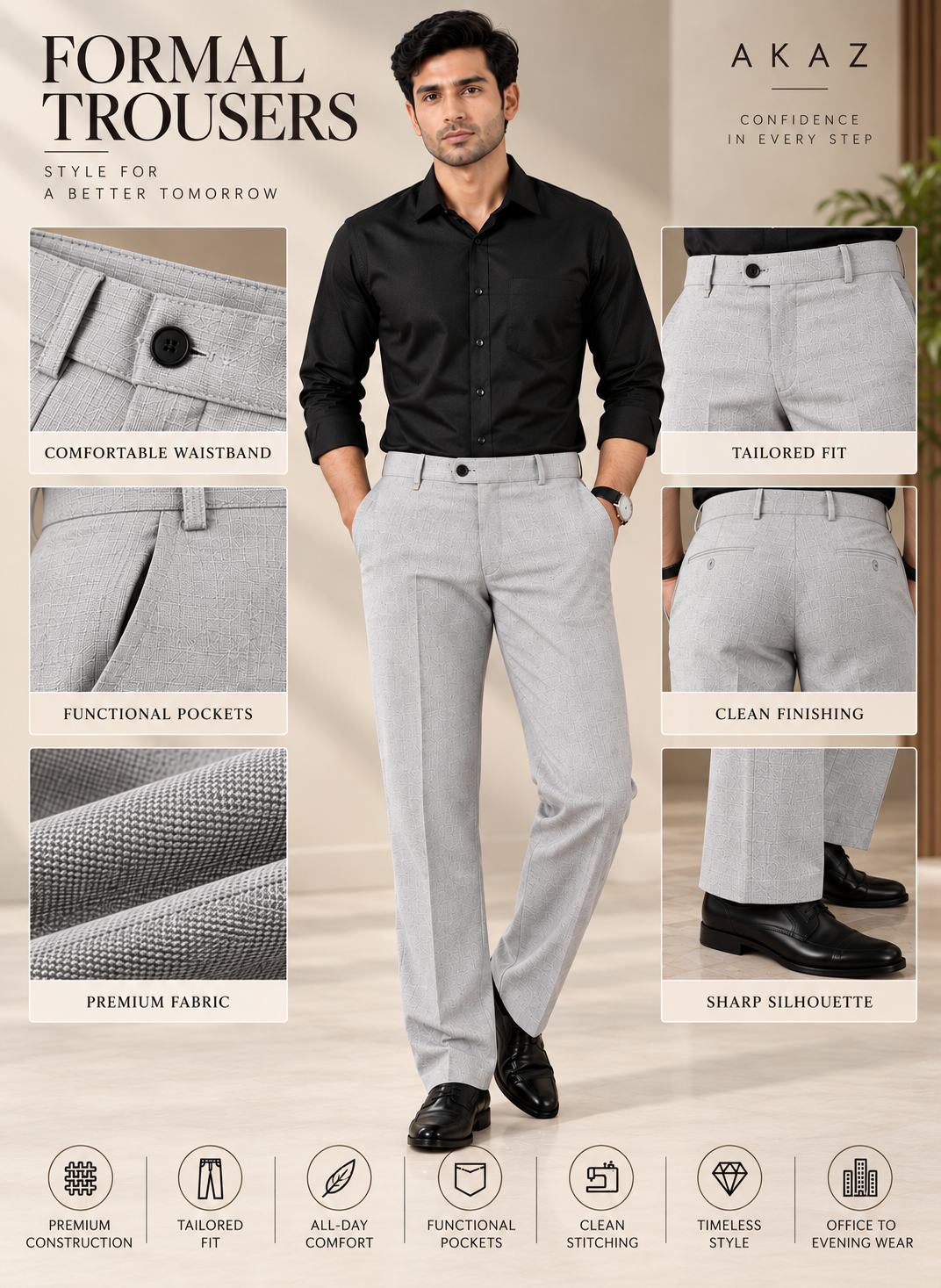 AKAZ MILAN Men's Light Grey Regular Fit Trousers | Premium Formal Pants for Modern Men