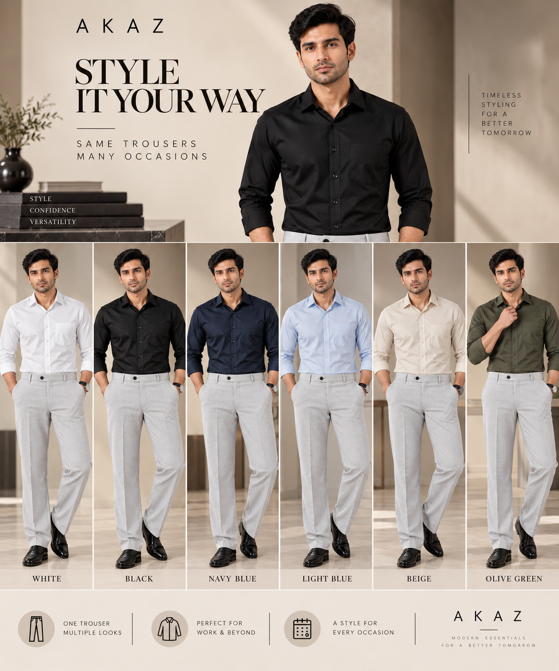AKAZ MILAN Men's Regular Fit Trousers | Premium Formal Dress Pants for Modern Men