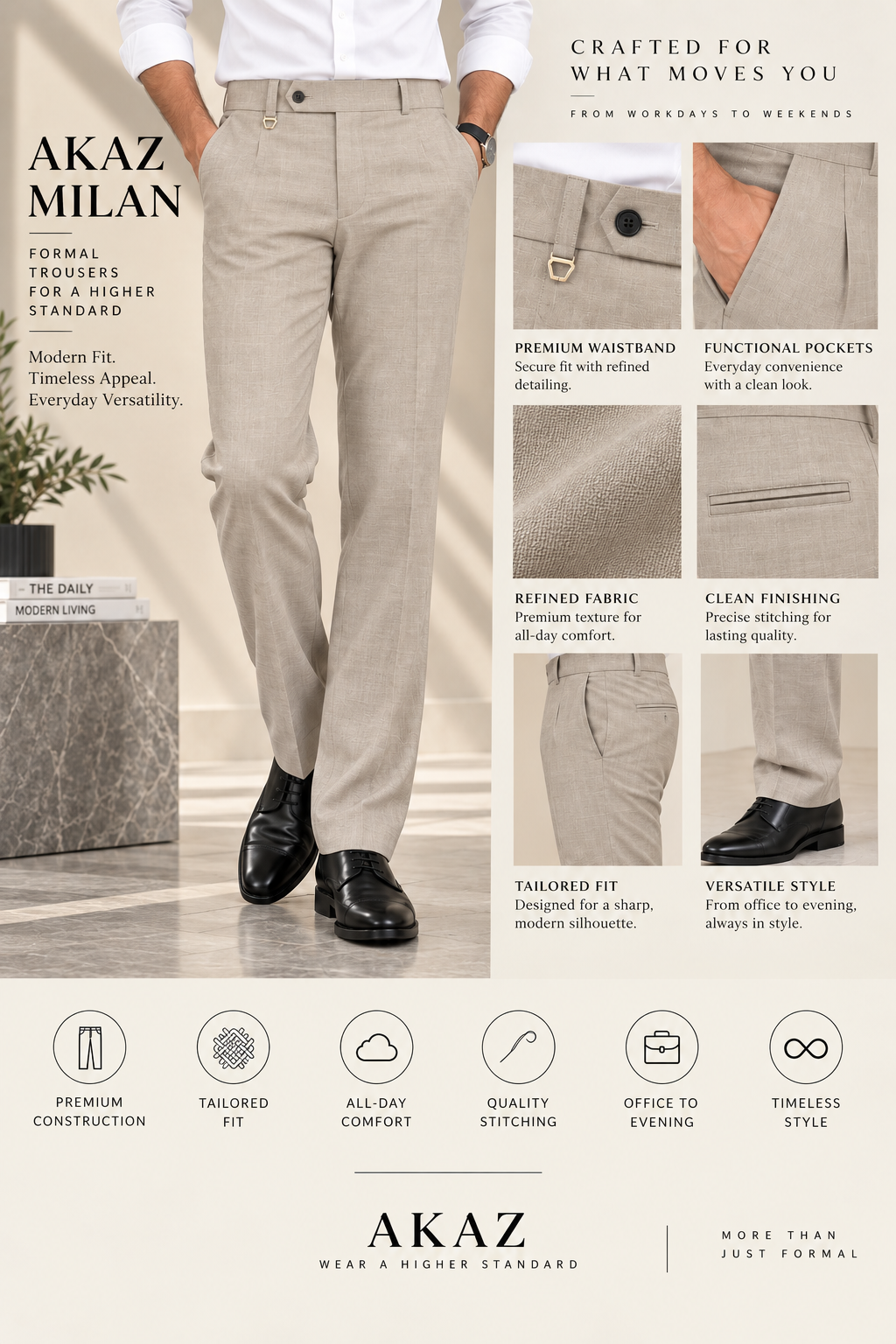AKAZ MILAN Men's Beige Formal Trousers | 4 Way Stretch Fabric