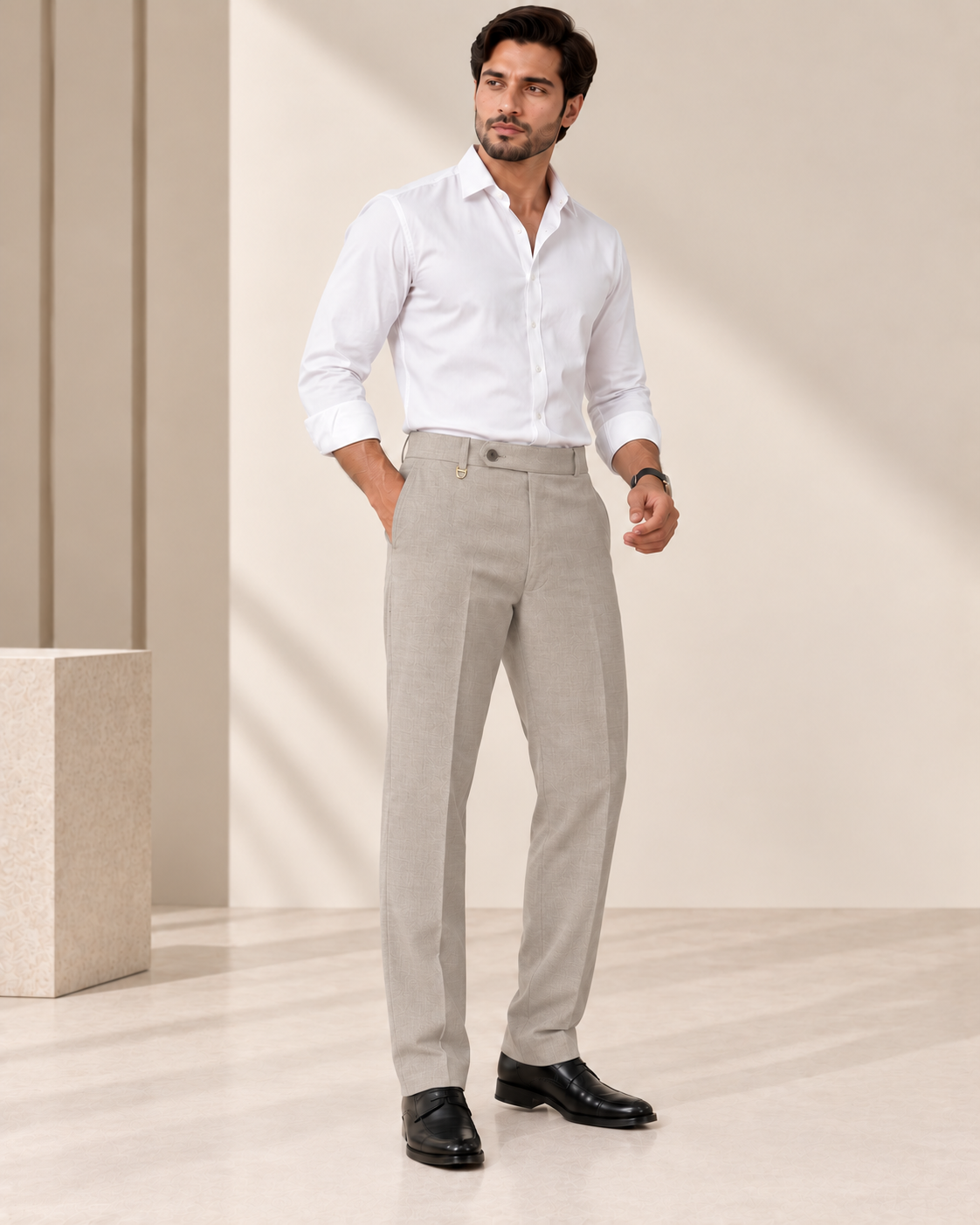 AKAZ MILAN Men's Beige Formal Trousers | 4 Way Stretch Fabric