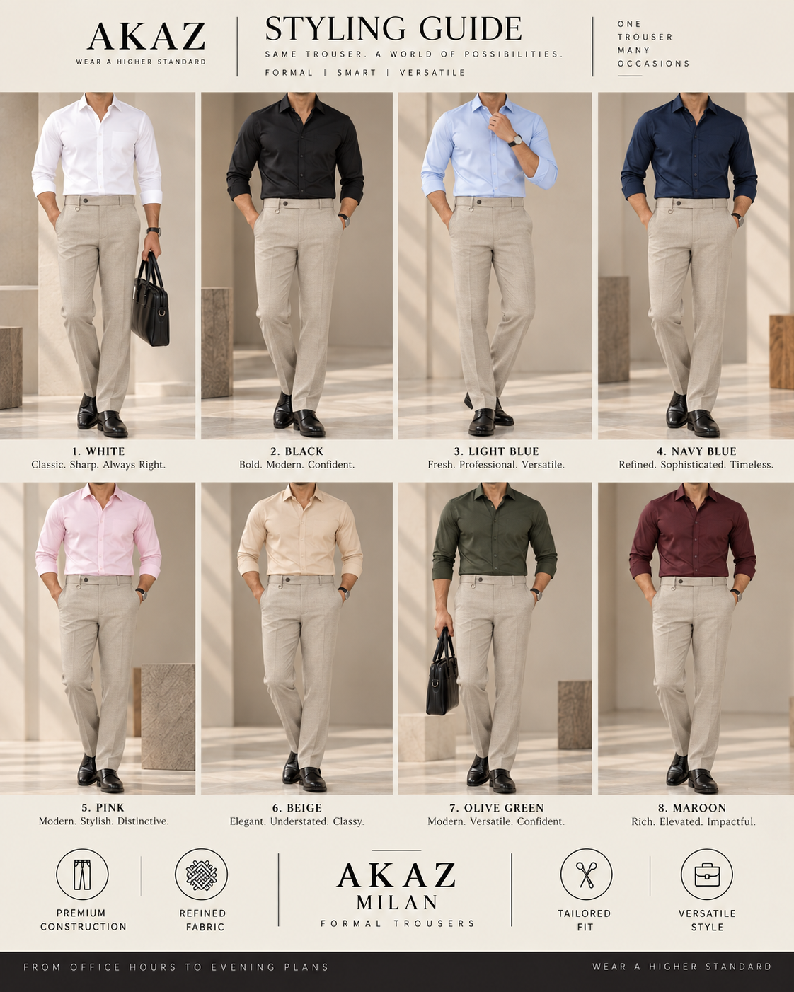 AKAZ MILAN Men's Beige Formal Trousers | 4 Way Stretch Fabric