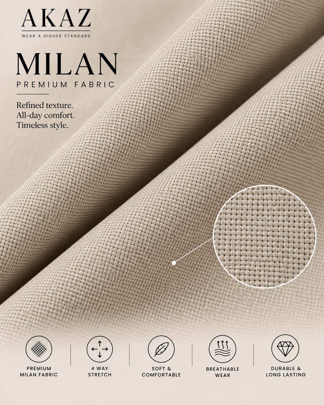 AKAZ MILAN Men's Beige Formal Trousers | 4 Way Stretch Fabric