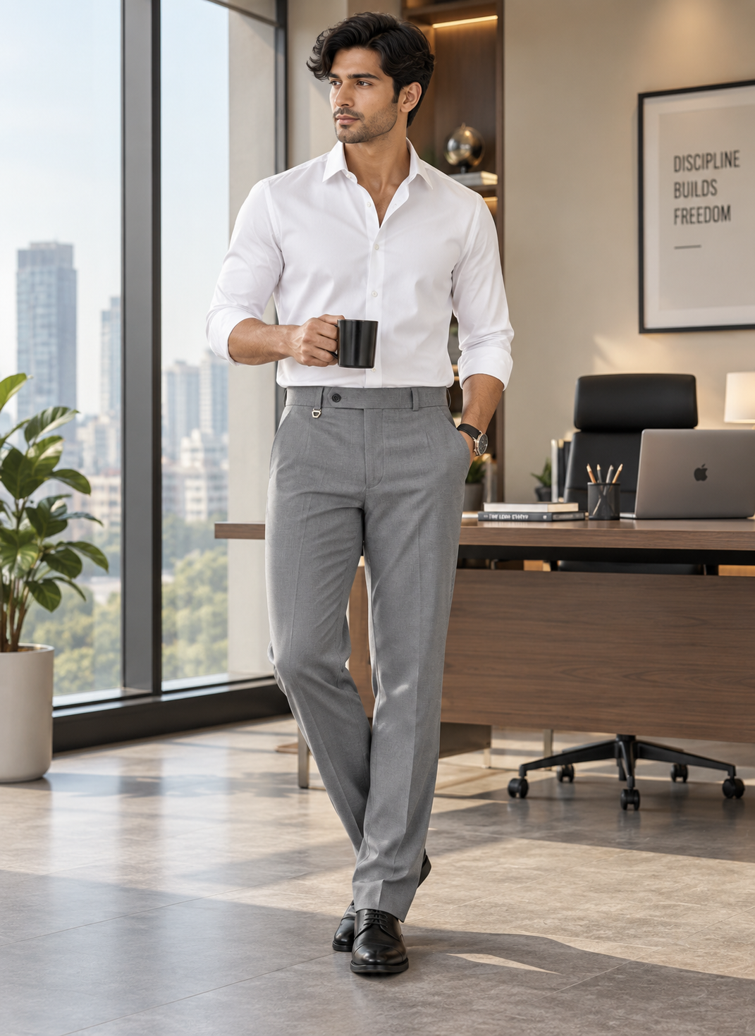 AKAZ MILAN Men's Grey Regular Fit Trousers | Premium Dress Pants for Modern Men