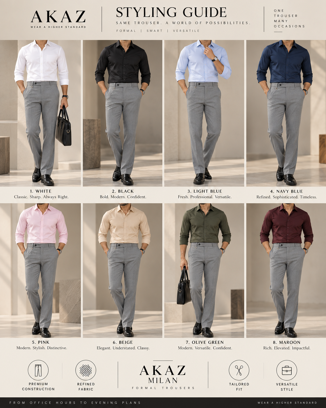 AKAZ MILAN Men's Grey Regular Fit Trousers | Premium Dress Pants for Modern Men