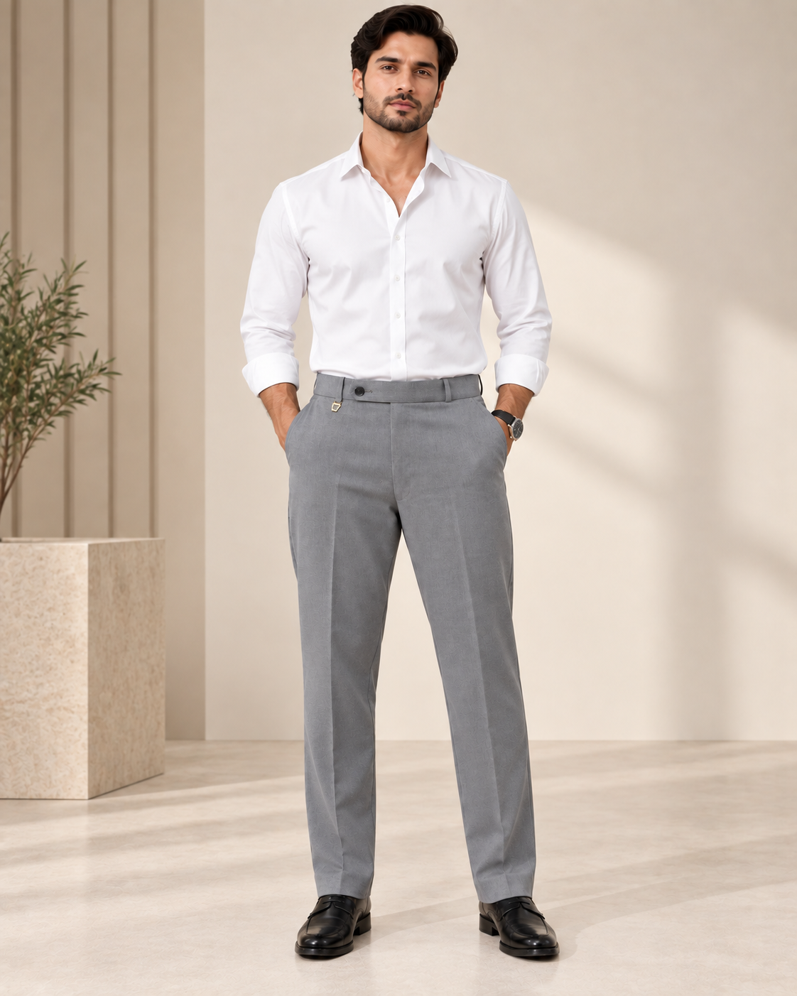AKAZ MILAN Men's Grey Regular Fit Trousers | Premium Dress Pants for Modern Men
