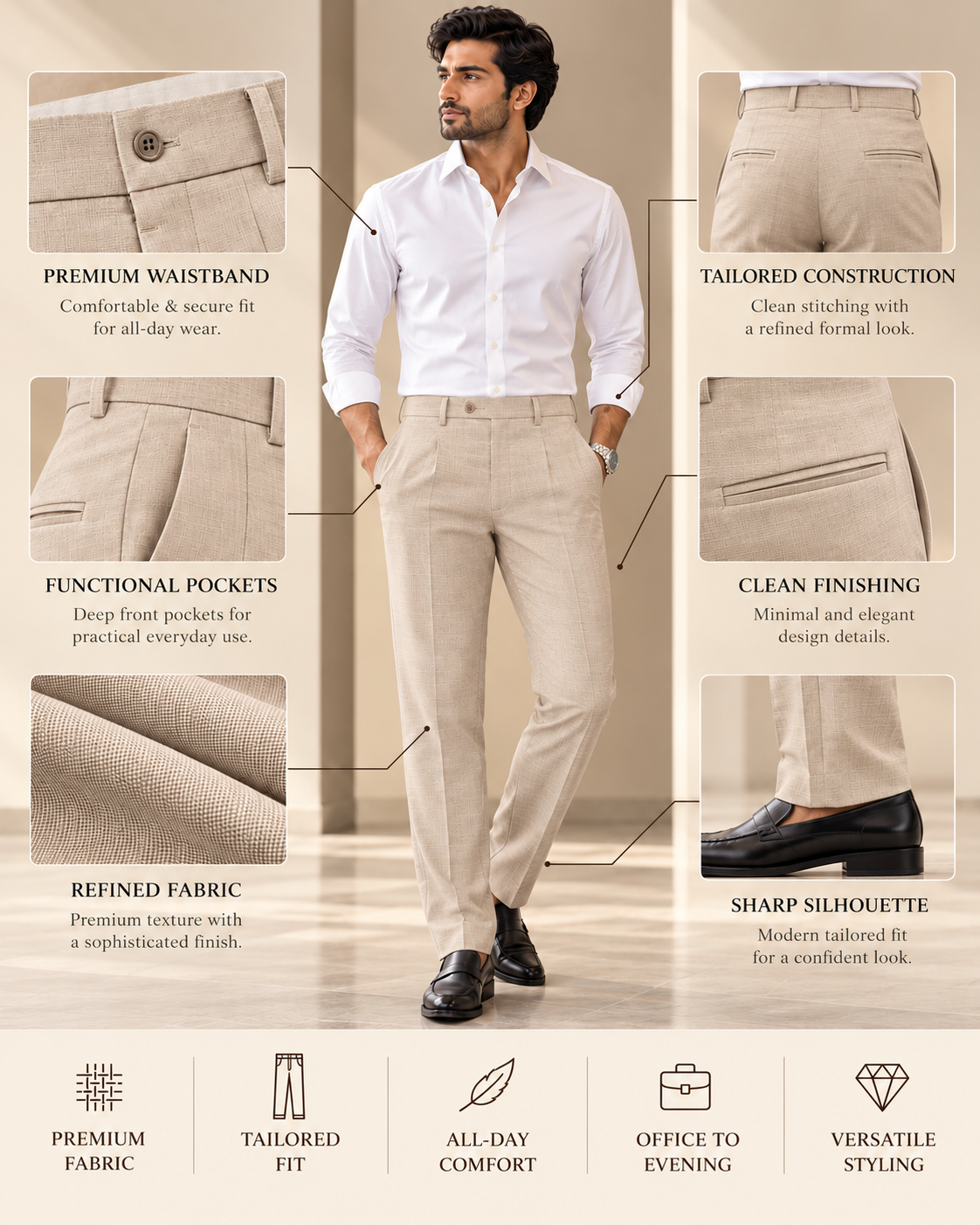 AKAZ MONACO Men's Beige Premium Formal Trousers | Office & Smart-Casual Wear