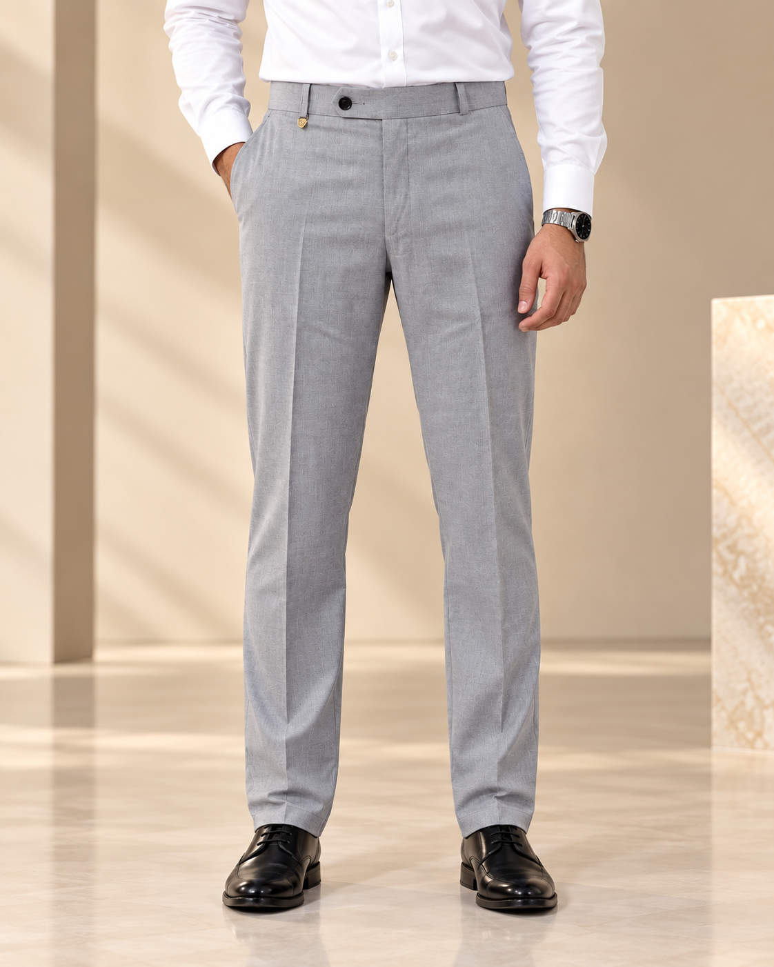AKAZ MONACO Men's Light Grey Regular Fit Trousers | Premium Formal Dress Pants