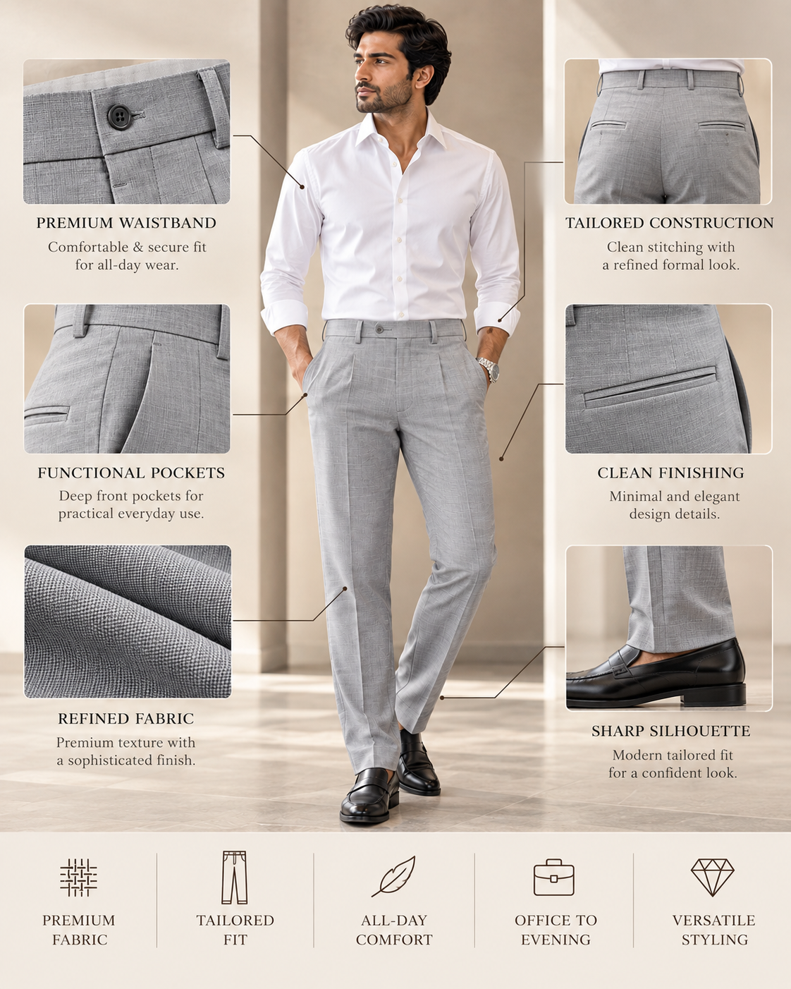 AKAZ MONACO Men's Light Grey Regular Fit Trousers | Premium Formal Dress Pants
