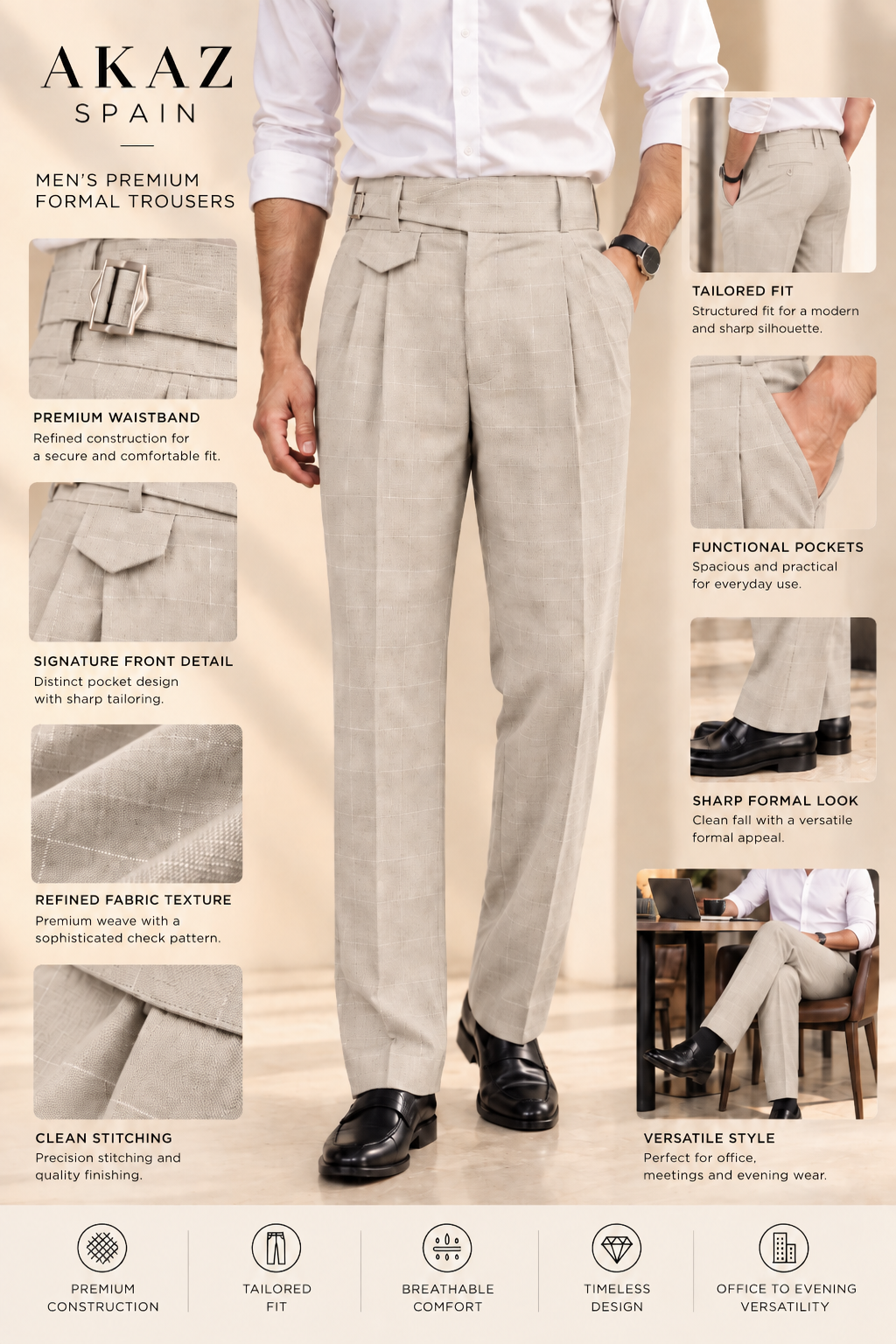 AKAZ SPAIN Men's Beige Gurkha Style Formal Trousers | Tailored Fit Windowpane Check Pants