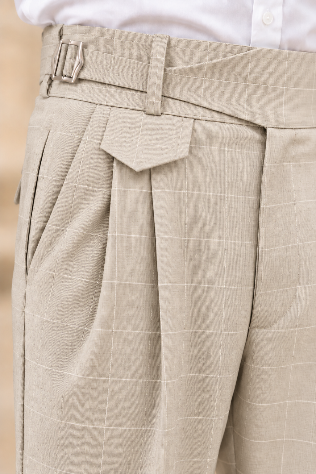AKAZ SPAIN Men's Beige Gurkha Style Formal Trousers | Tailored Fit Windowpane Check Pants