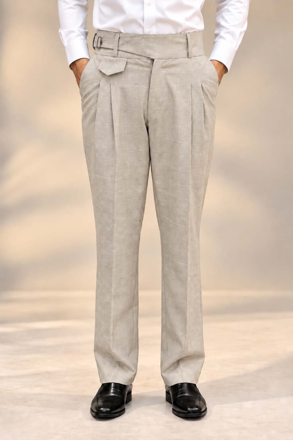 AKAZ SPAIN Men's Beige Gurkha Style Formal Trousers | Tailored Fit Windowpane Check Pants