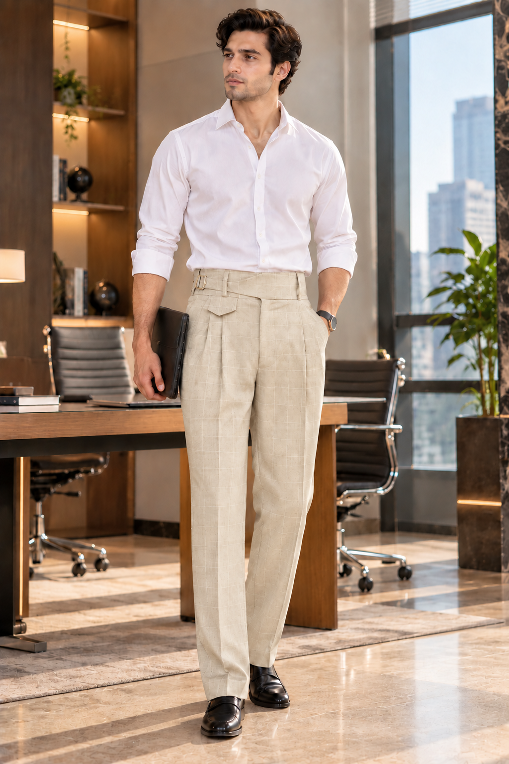 AKAZ SPAIN Men's Beige Gurkha Style Formal Trousers | Tailored Fit Windowpane Check Pants