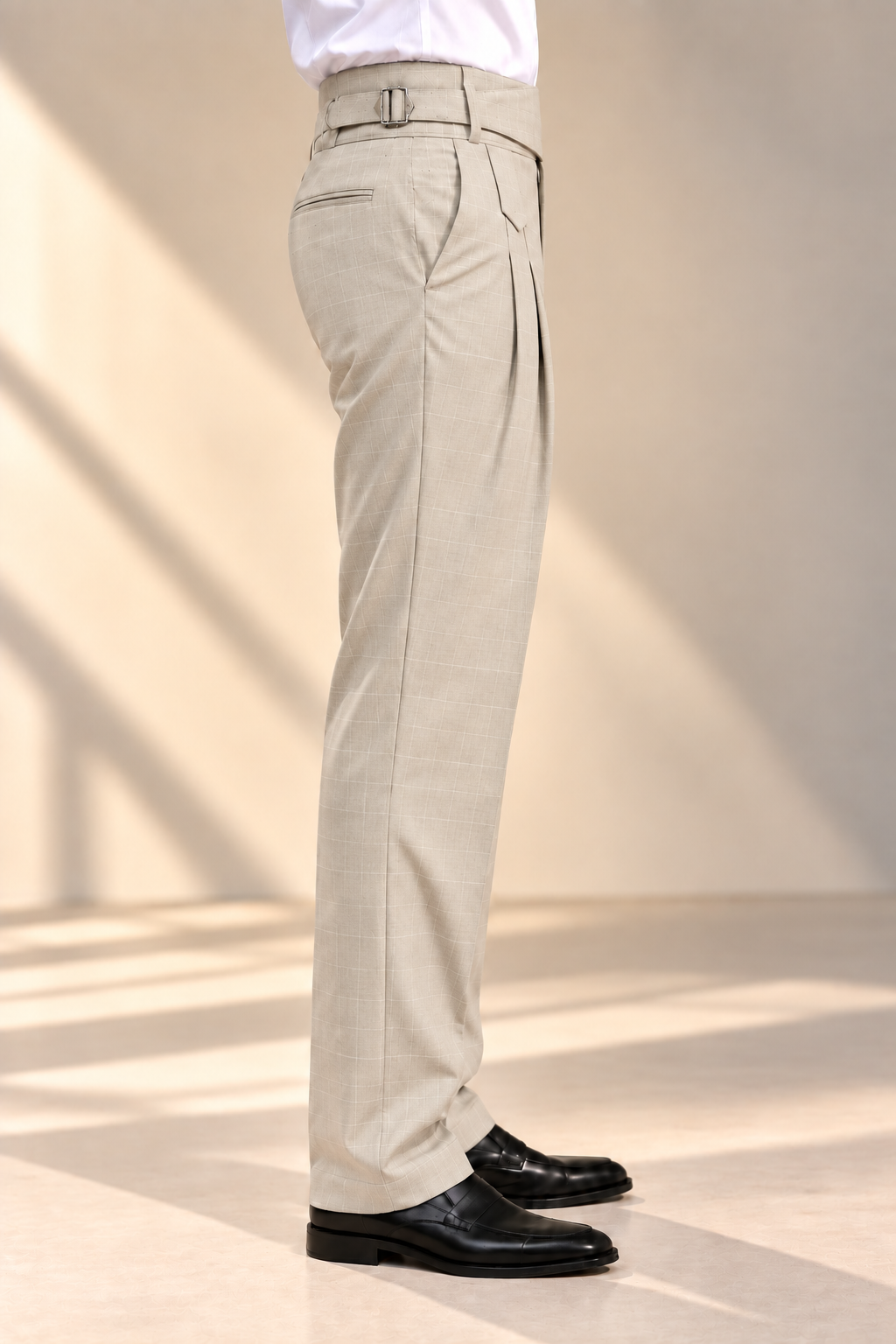 AKAZ SPAIN Men's Beige Gurkha Style Formal Trousers | Tailored Fit Windowpane Check Pants