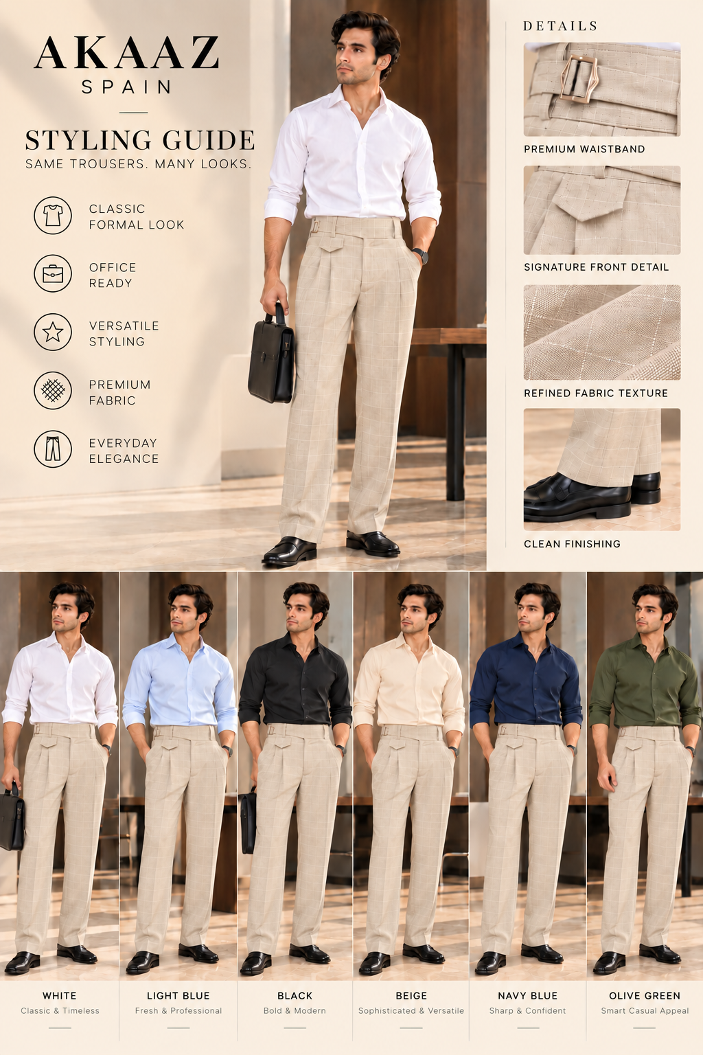 AKAZ SPAIN Men's Beige Gurkha Style Formal Trousers | Tailored Fit Windowpane Check Pants