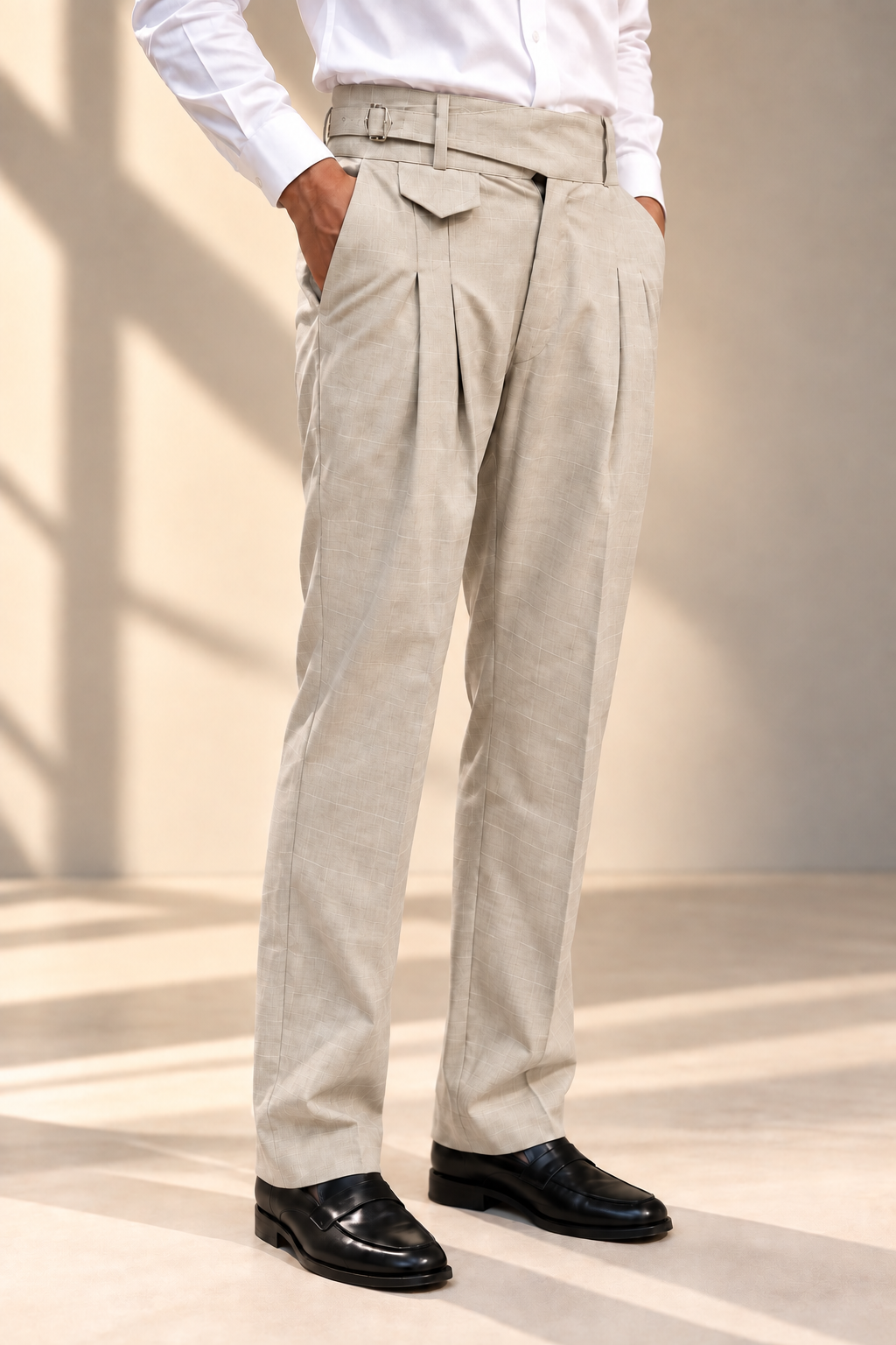 AKAZ SPAIN Men's Beige Gurkha Style Formal Trousers | Tailored Fit Windowpane Check Pants