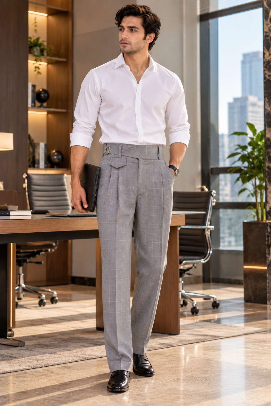 AKAZ SPAIN Men's Grey Gurkha Style Formal Trousers | Tailored Pants for Office & Business Wear