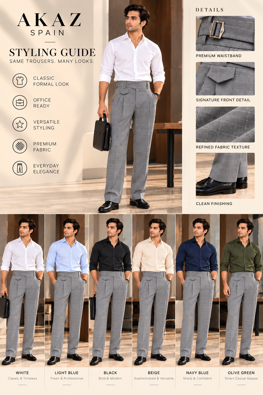 AKAZ SPAIN Men's Grey Gurkha Style Formal Trousers | Tailored Pants for Office & Business Wear