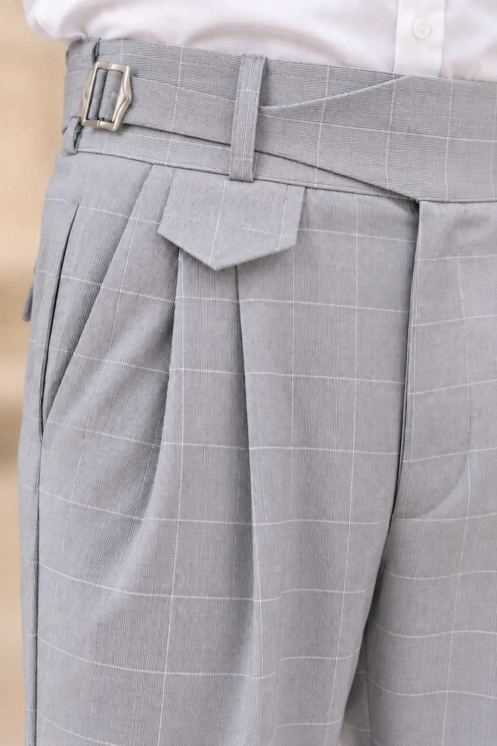 AKAZ SPAIN Men's Light Grey Gurkha Style Formal Trousers | Check Pants for Business Wear