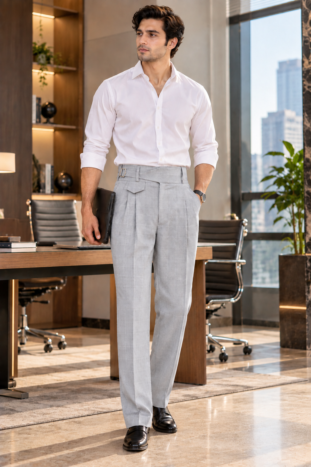 AKAZ SPAIN Men's Light Grey Gurkha Style Formal Trousers | Check Pants for Business Wear