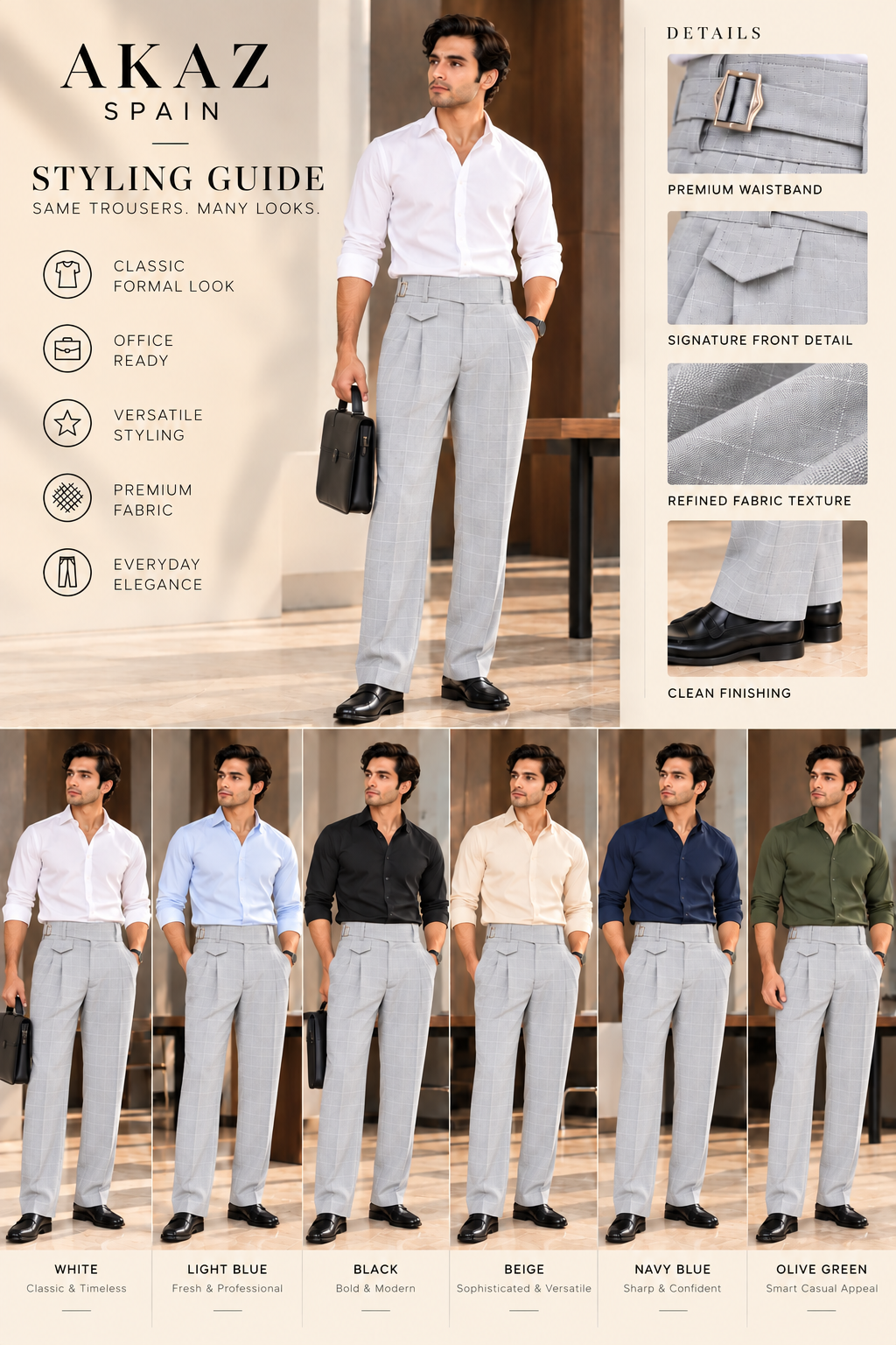 AKAZ SPAIN Men's Light Grey Gurkha Style Formal Trousers | Check Pants for Business Wear