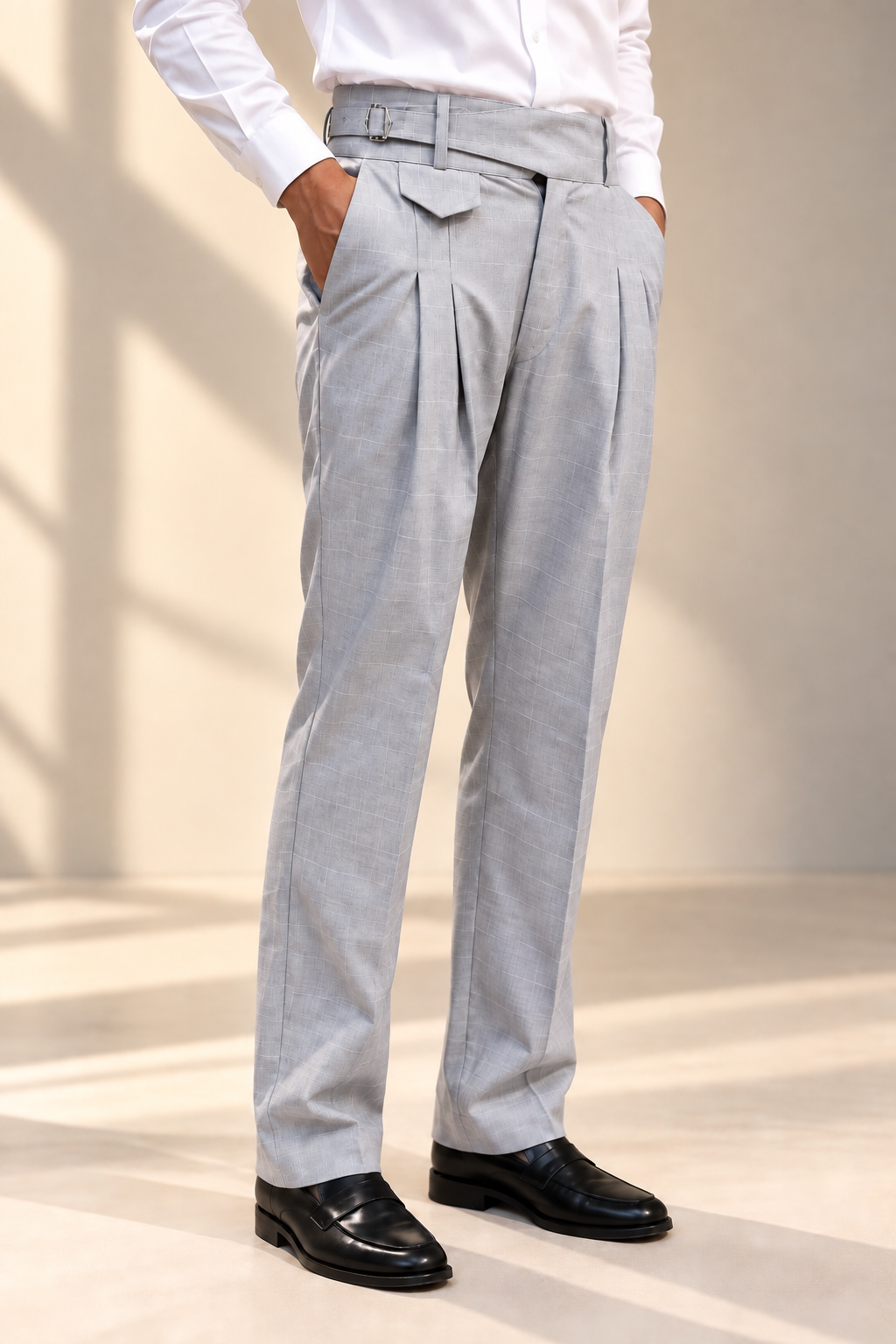 AKAZ SPAIN Men's Light Grey Gurkha Style Formal Trousers | Check Pants for Business Wear