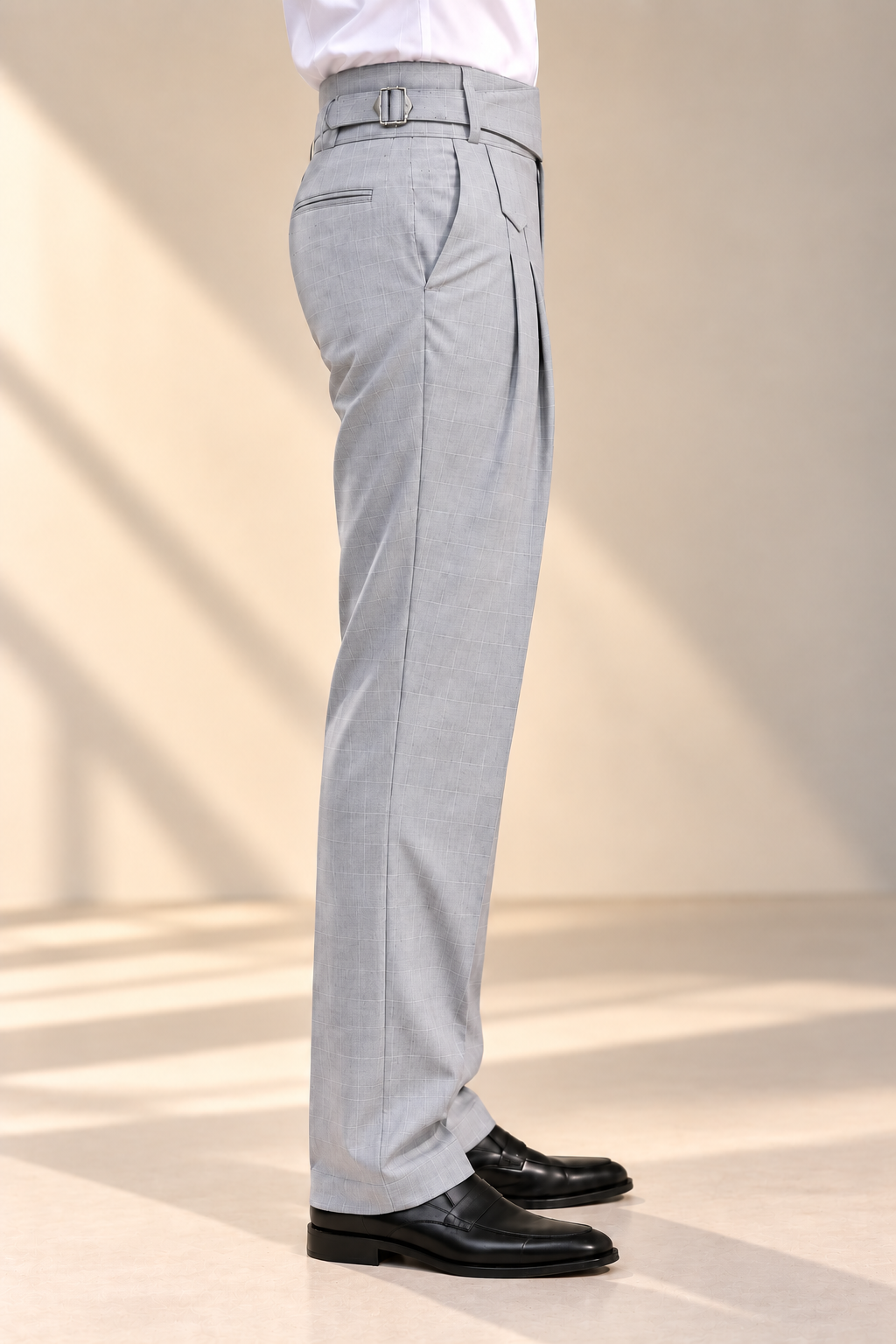 AKAZ SPAIN Men's Light Grey Gurkha Style Formal Trousers | Check Pants for Business Wear