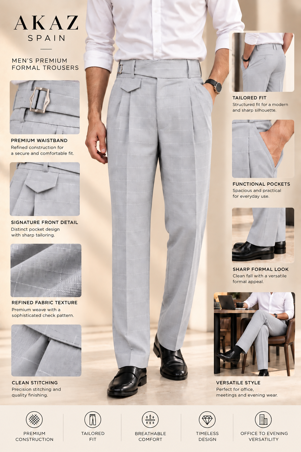 AKAZ SPAIN Men's Light Grey Gurkha Style Formal Trousers | Check Pants for Business Wear