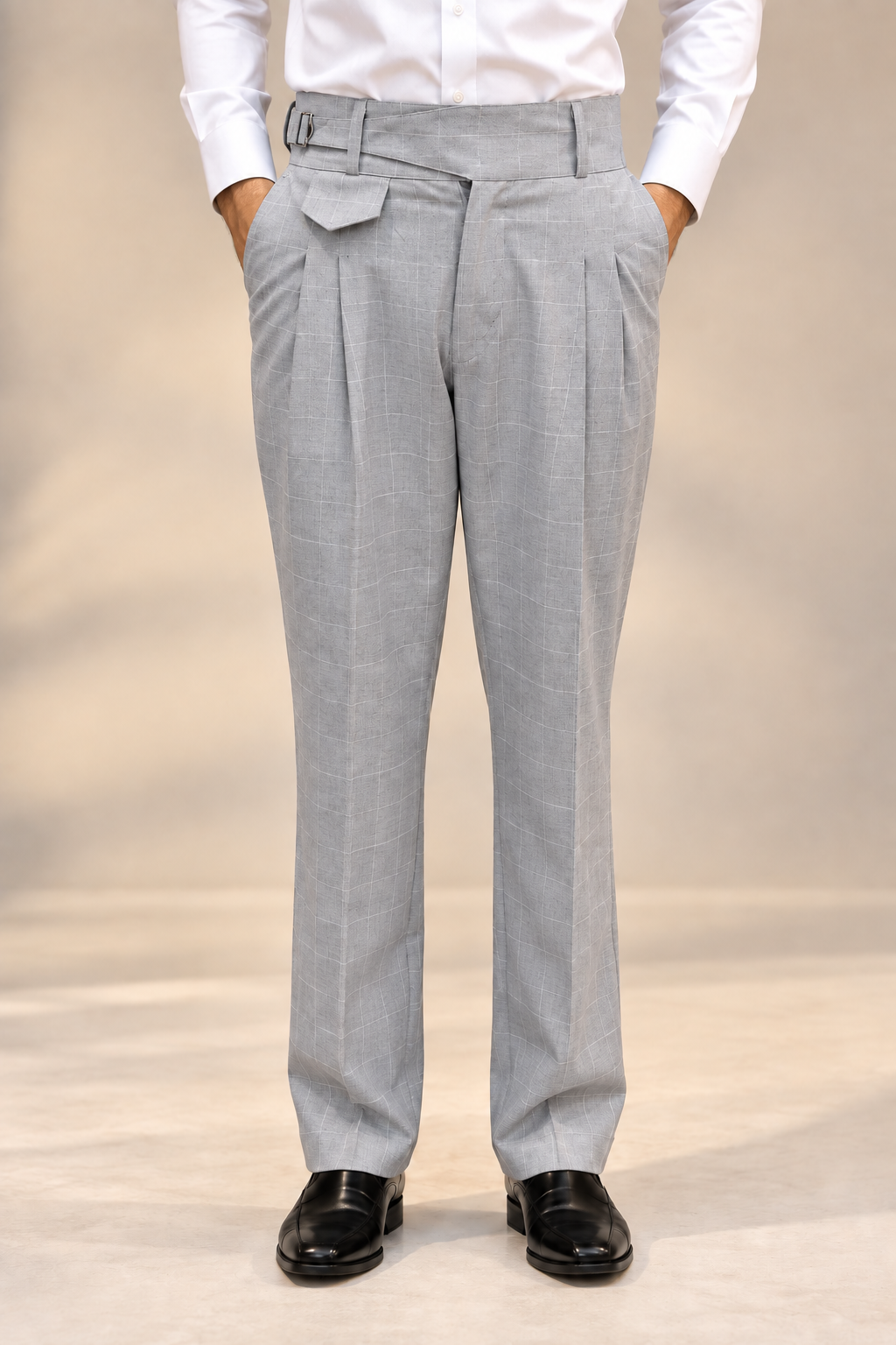 AKAZ SPAIN Men's Light Grey Gurkha Style Formal Trousers | Check Pants for Business Wear