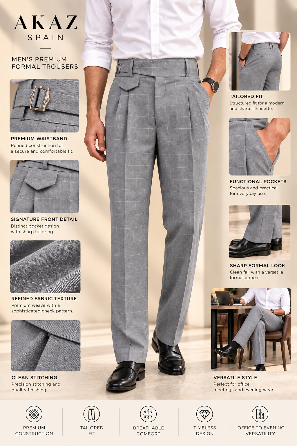 AKAZ SPAIN Men's Grey Gurkha Style Formal Trousers | Tailored Pants for Office & Business Wear