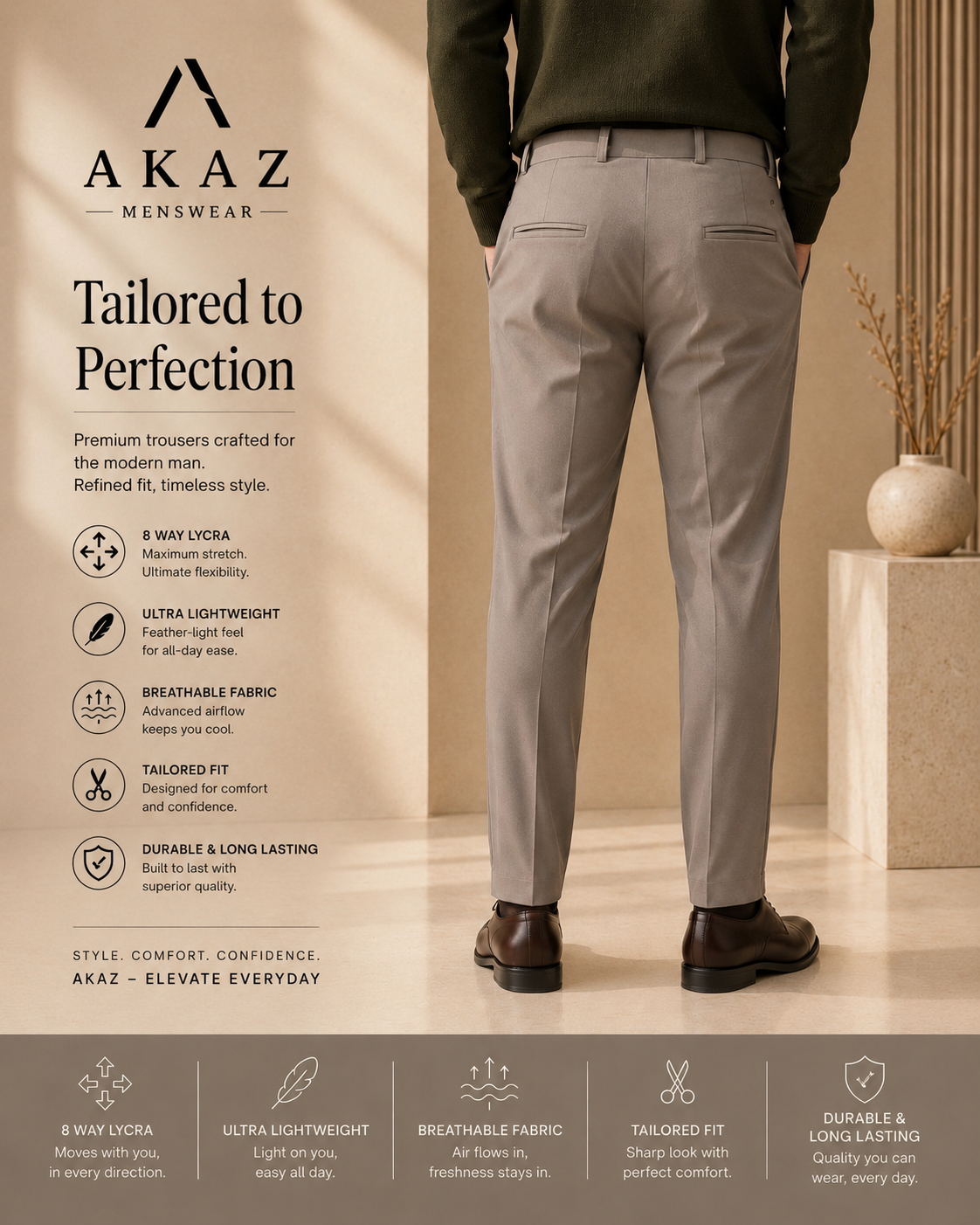 SUPRA 8-Way Stretch Men's Formal Trousers | Premium Comfort Fit Pants
