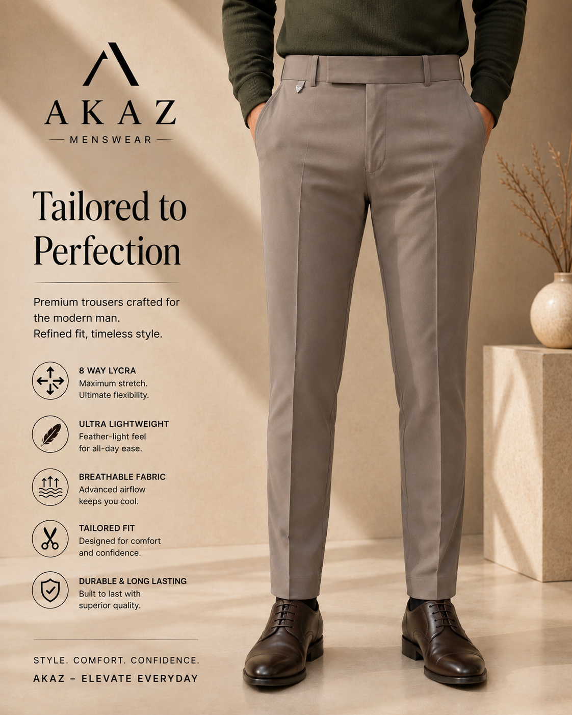 SUPRA 8-Way Stretch Men's Formal Trousers | Premium Comfort Fit Pants