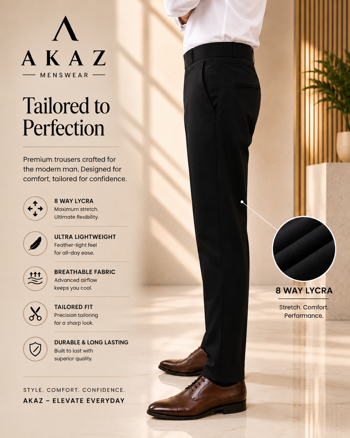 SUPRA 8-Way Stretch Men's Formal Trousers | Premium Comfort Fit Pants