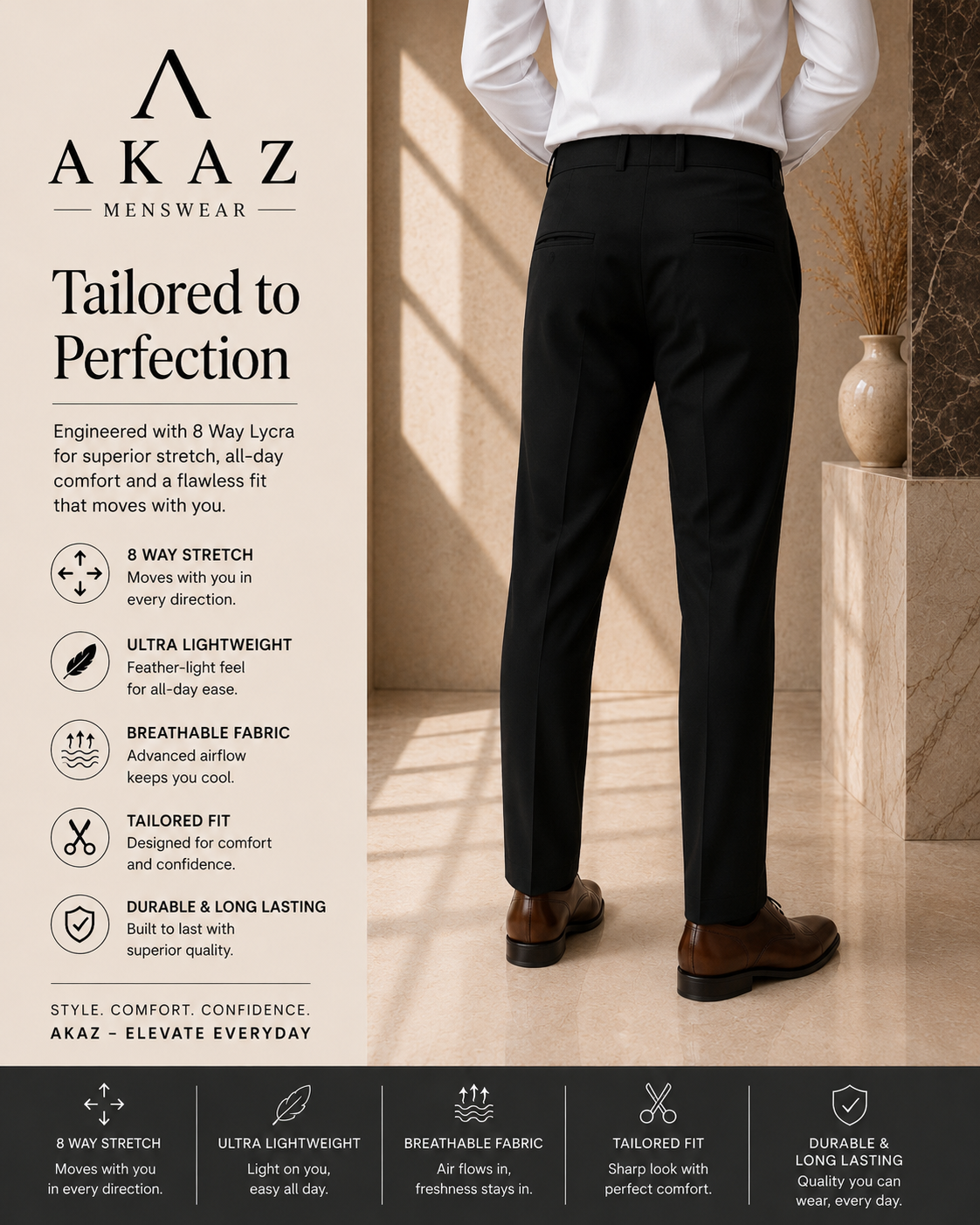 SUPRA 8-Way Stretch Men's Formal Trousers | Premium Comfort Fit Pants