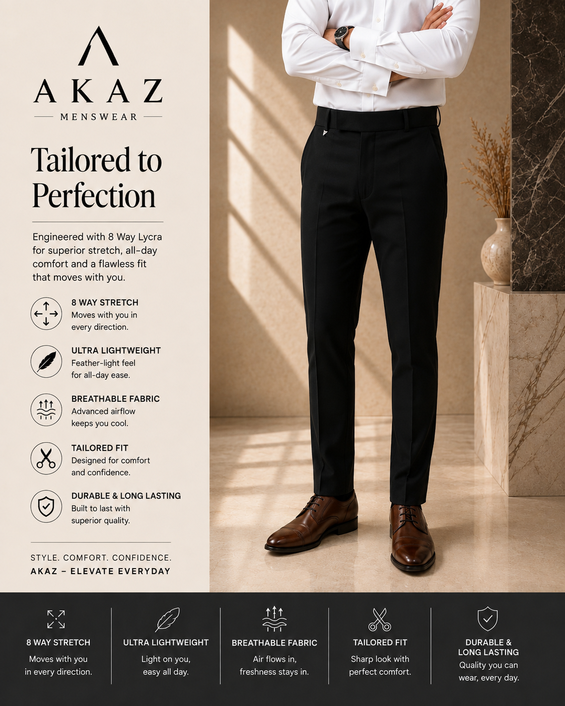 SUPRA 8-Way Stretch Men's Formal Trousers | Premium Comfort Fit Pants