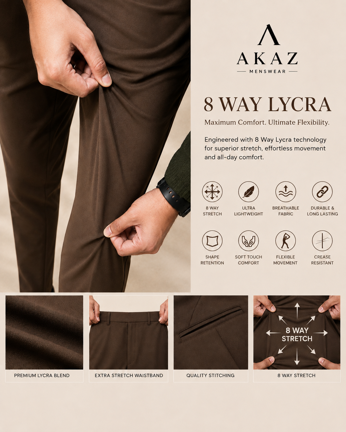SUPRA 8-Way Stretch Men's Formal Trousers | Premium Comfort Fit Pants