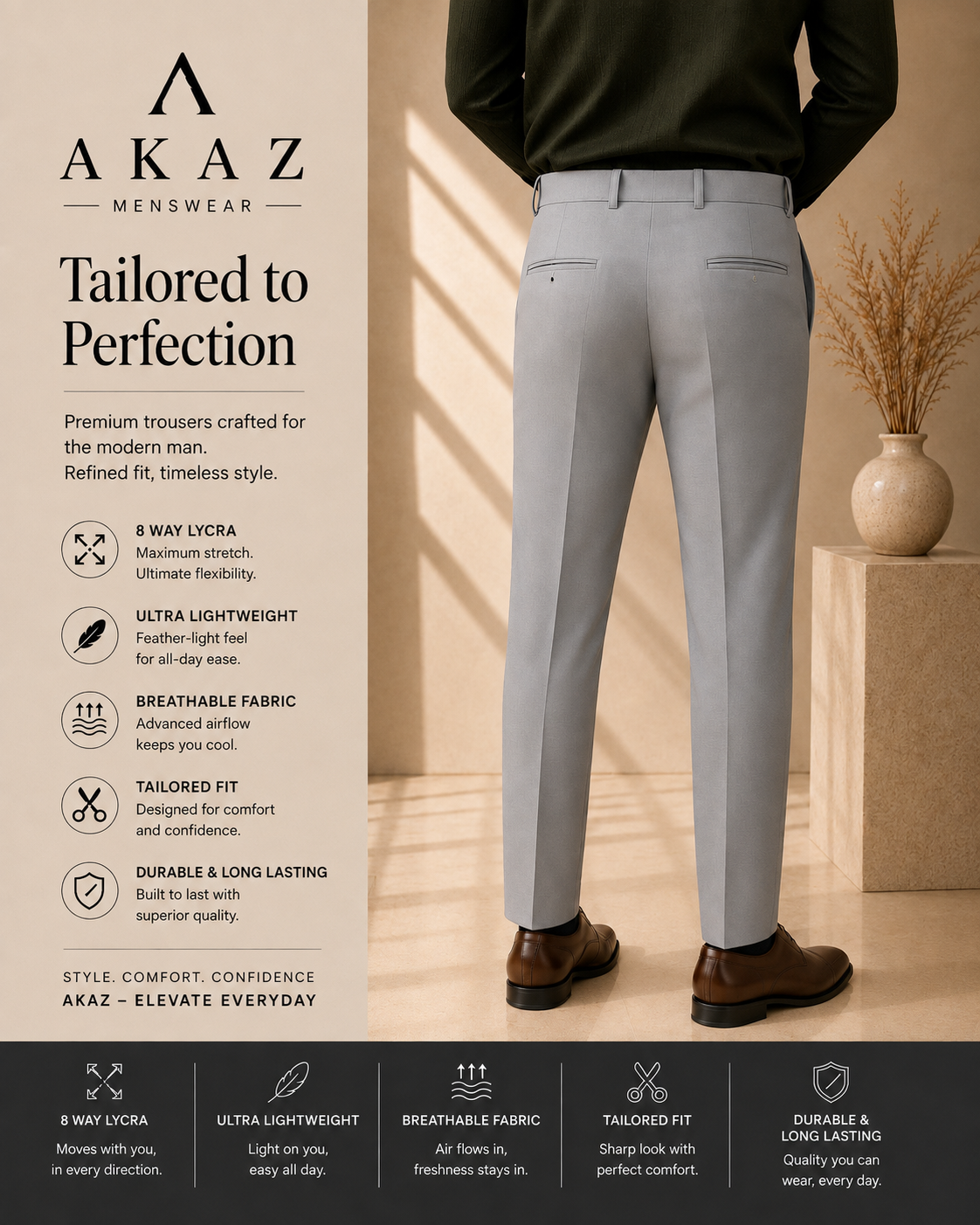 SUPRA 8-Way Stretch Men's Formal Trousers | Premium Comfort Fit Pants